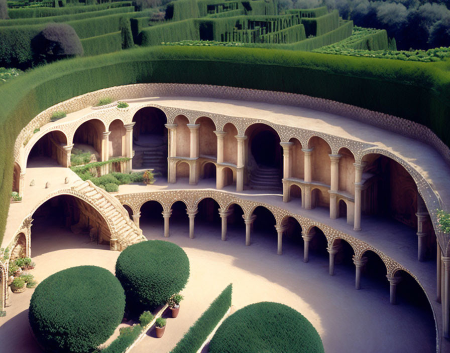 Circular Sunken Garden with Geometric Hedges and Arched Porticoes