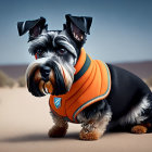 Schnauzer Dog in Orange Vest Sitting on Sand with Desert Background