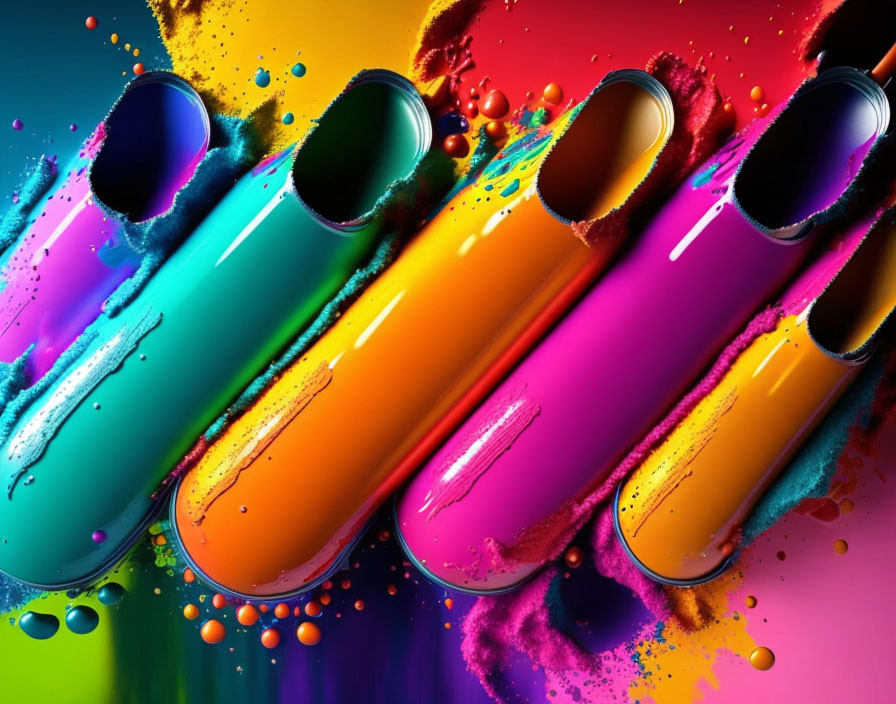 Colorful paint splashes from tilted tubes on vibrant background