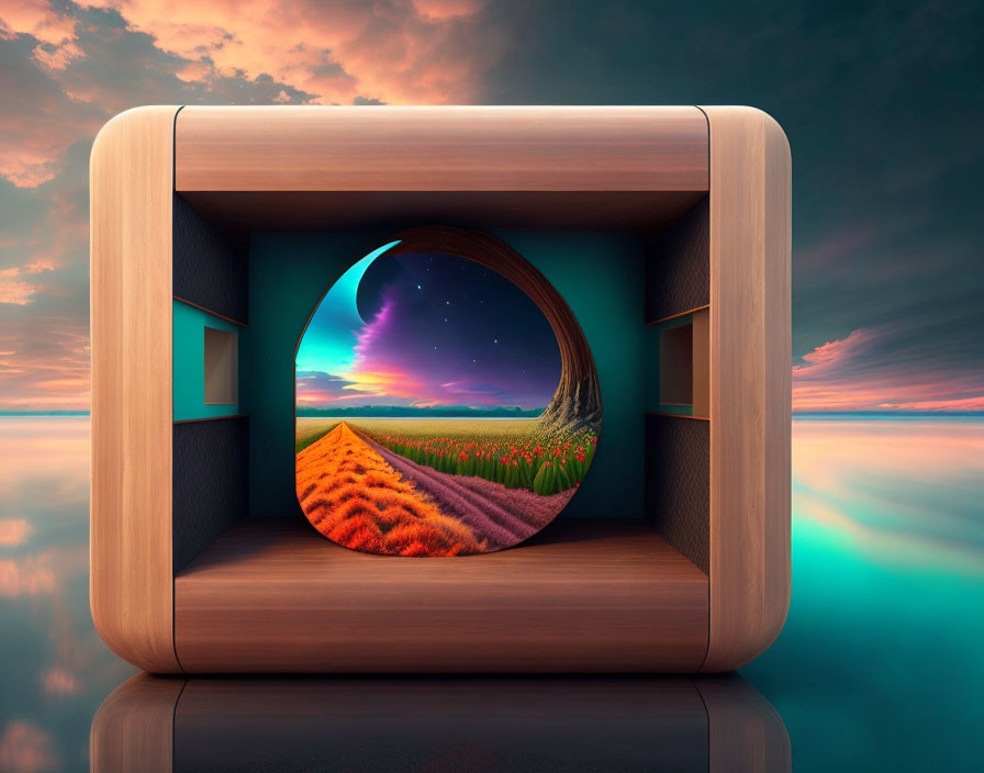 Surreal wooden cube with circular portal to fantastical landscape