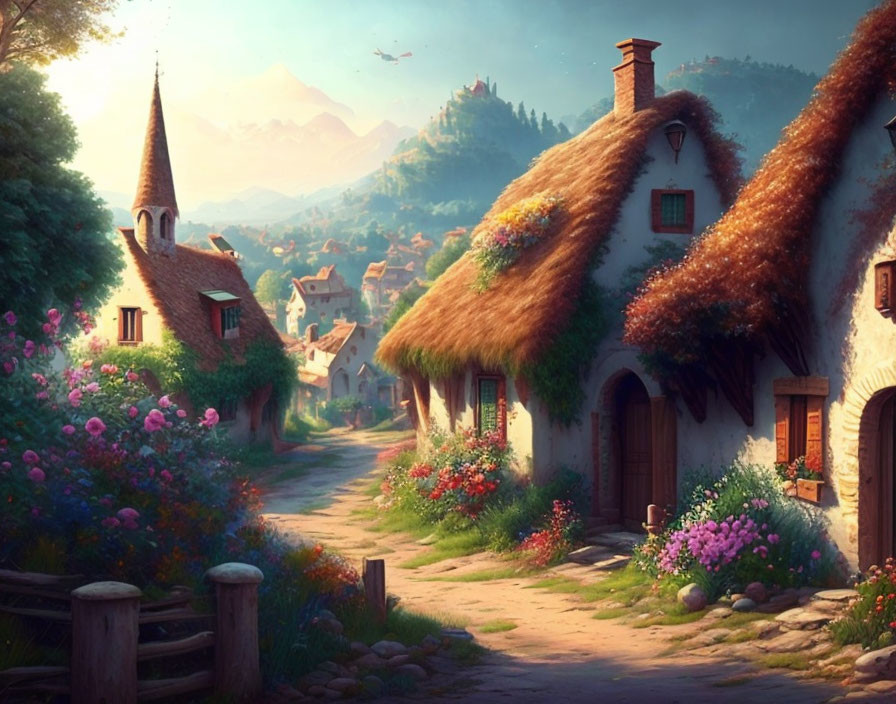 Picturesque village with thatched cottages, blooming flowers, and mountain backdrop.