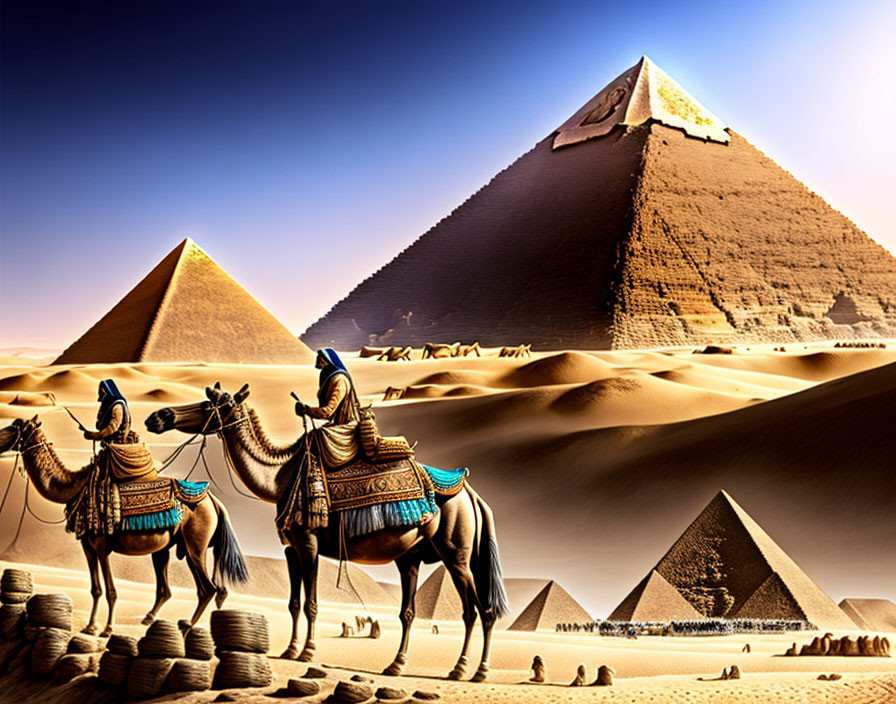 Camels and riders at Great Pyramids in desert landscape