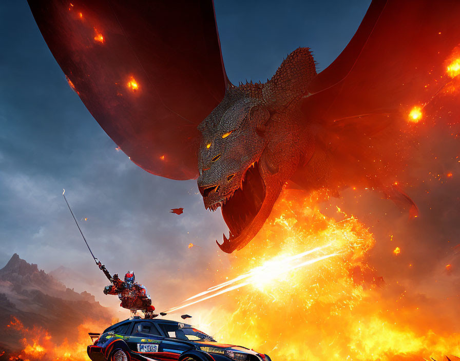 Massive dragon breathing fire at police car in fiery sky