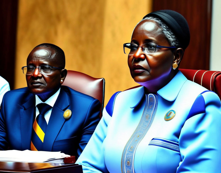 Man with glasses and woman in blue outfit in formal setting.