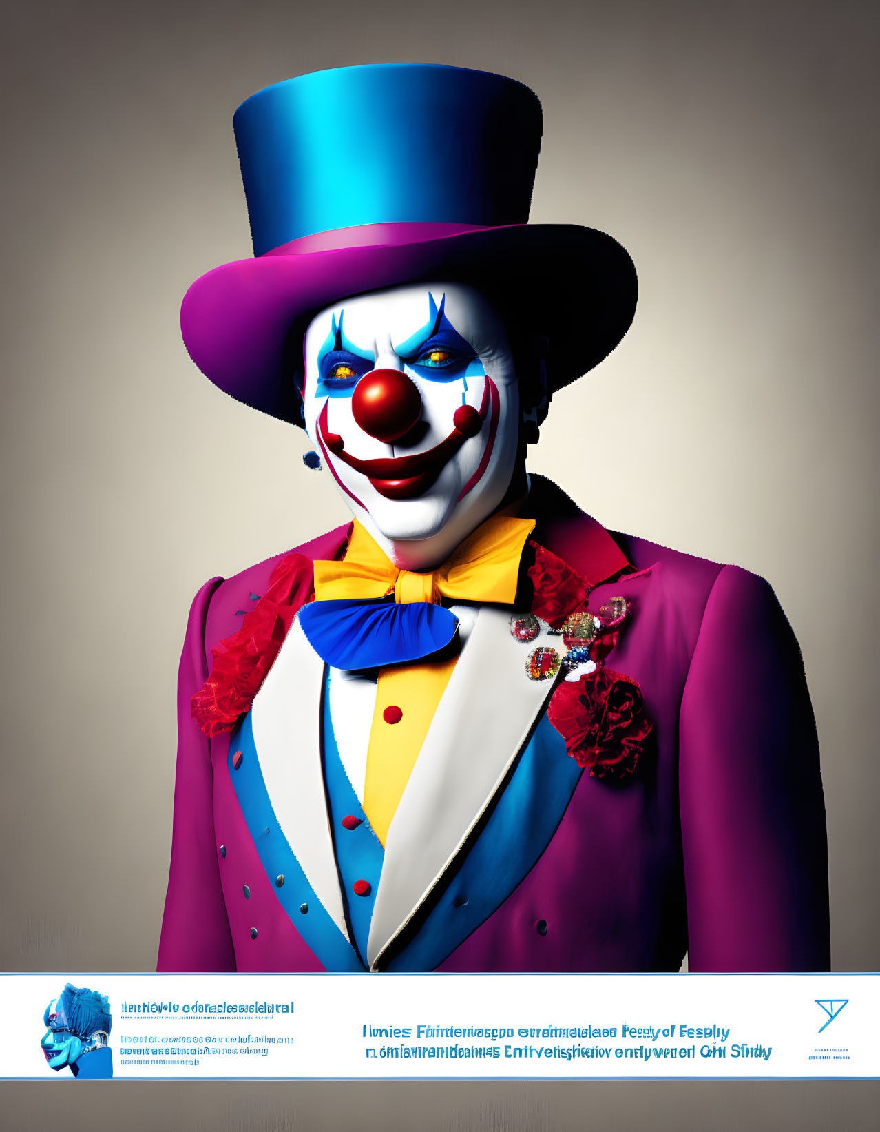 Colorful Clown with Blue Hat, Red Nose, and Purple Suit on Neutral Background