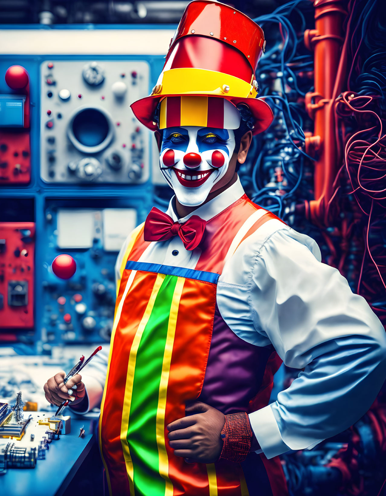 Colorful clown with red top hat and striped outfit among electronic devices and wires.