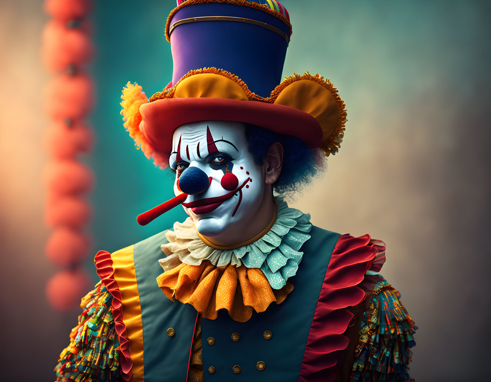 Colorful Clown with Purple Hat and Ruffled Collar on Mottled Background