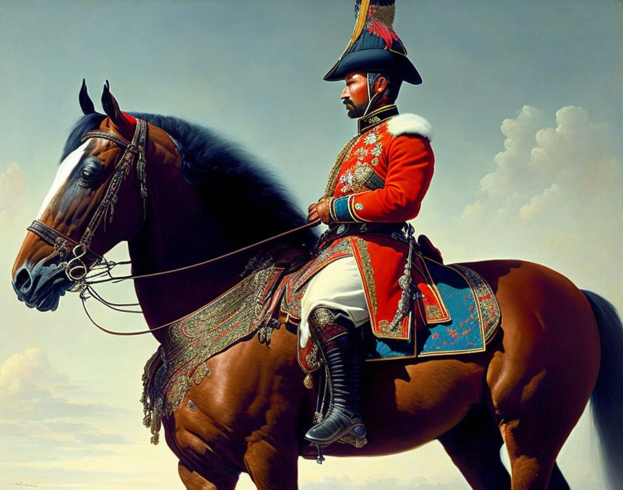 Regal man in historical military uniform on brown horse against blue sky