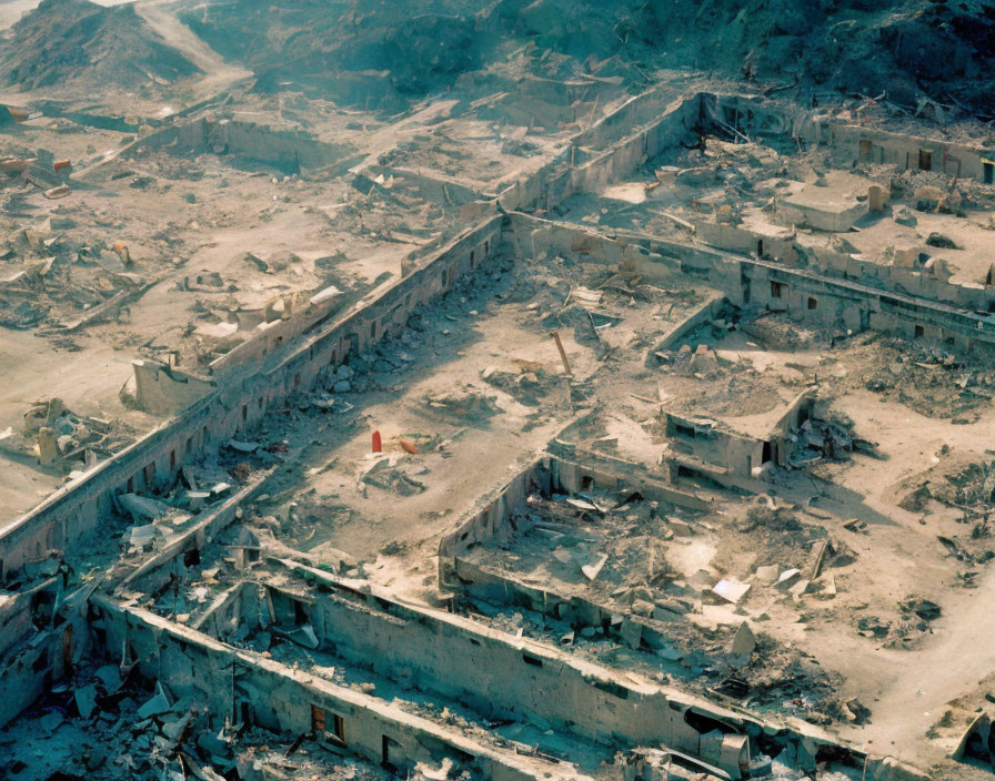 Devastated Urban Area with Damaged Buildings and Debris