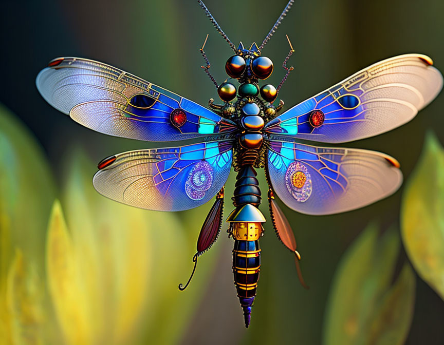 Mechanical dragonfly with intricate gears in blurred natural backdrop