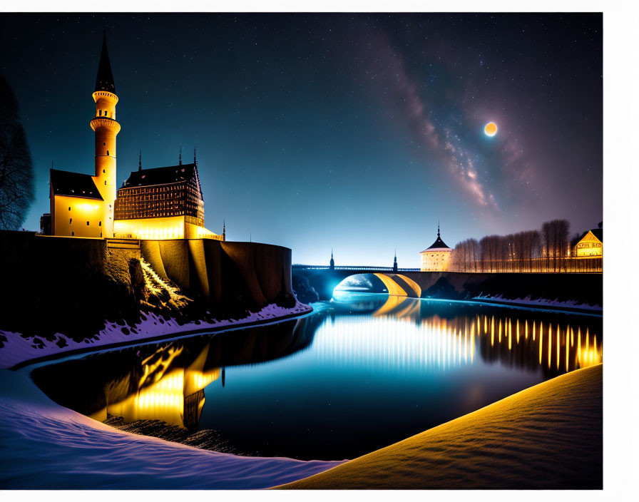 Castle with tall tower shines at night over tranquil river and snowy banks under starry sky.