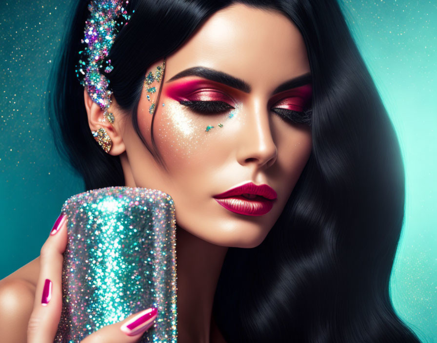 Woman with Vibrant Glitter Makeup and Sparkly Accessories