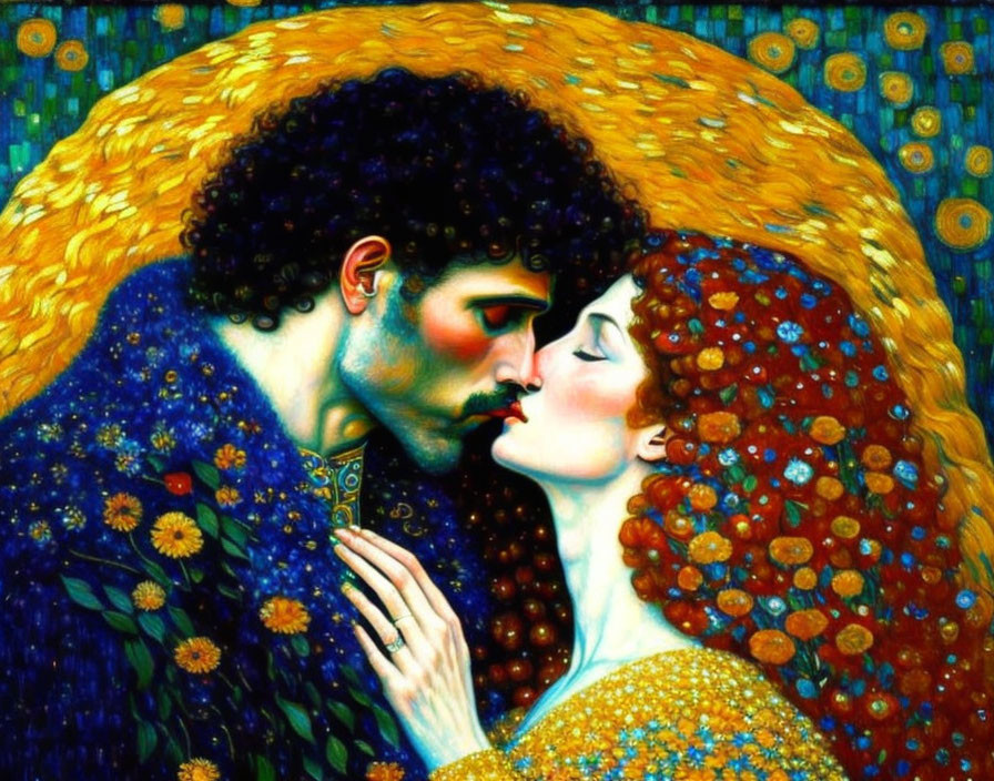 Vibrant painting of man and woman embracing with gold halo.