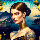 Detailed Illustration of Woman with Sleek Hair, Gold Jewelry, Tattoos, Night Landscape, and