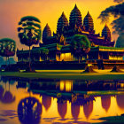 Illuminated temple with spires reflected in water at dusk