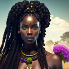 African woman with elaborate braids and gold jewelry in savannah scenery