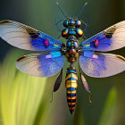 Mechanical dragonfly with intricate gears in blurred natural backdrop