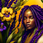 Digital artwork of woman with purple braids in vibrant floral setting