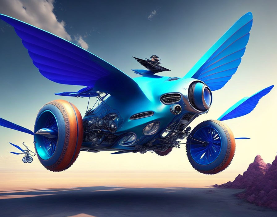 Organic blue creature with wings and propellers flying over desert landscape