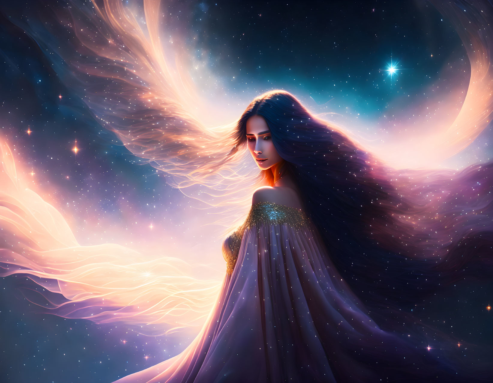 Mystical woman with flowing hair in cosmic backdrop