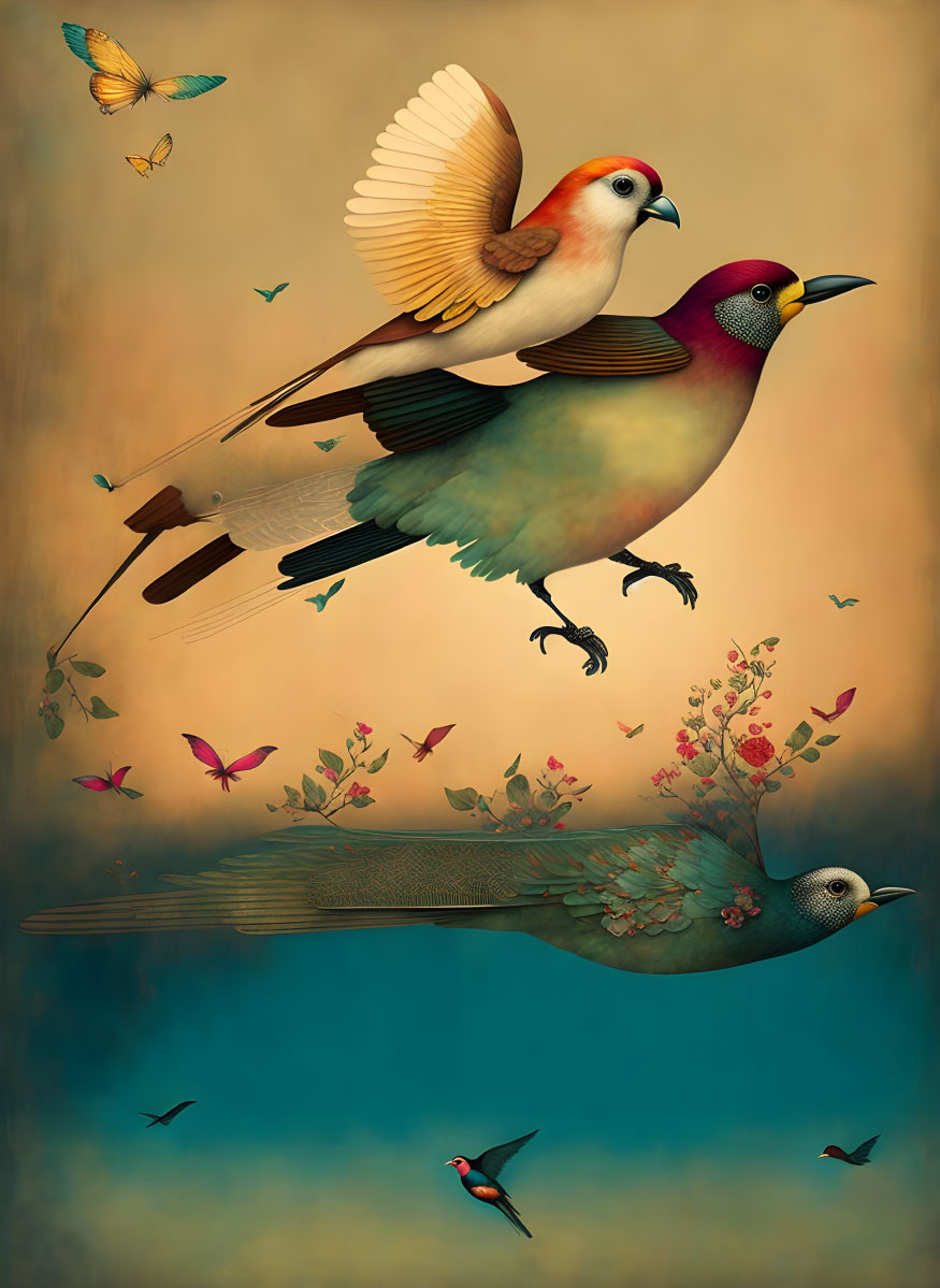 Colorful Stylized Birds in Flight Surrounded by Butterflies and Birds on Warm Textured Background