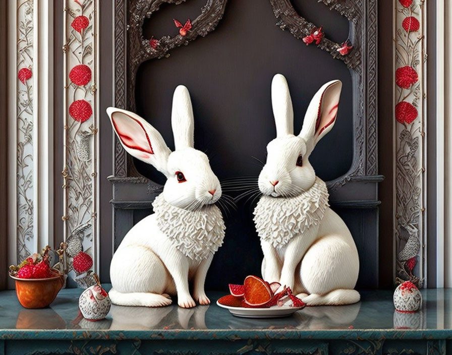 Ornamental white rabbits with red accents on mantelpiece and plate with orange slices