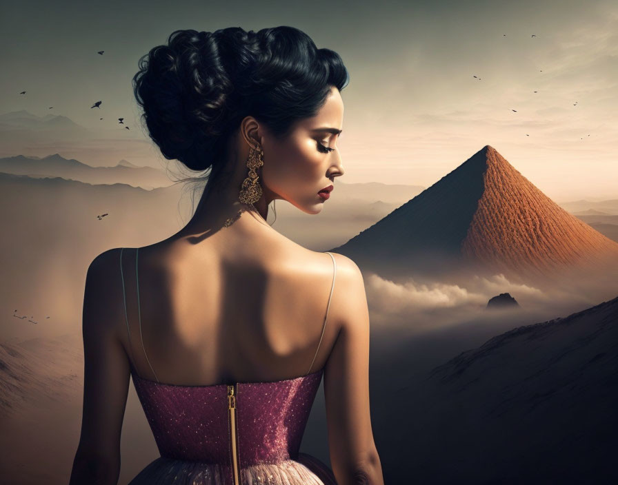 Woman with updo hairstyle overlooking desert landscape with pyramid at dusk