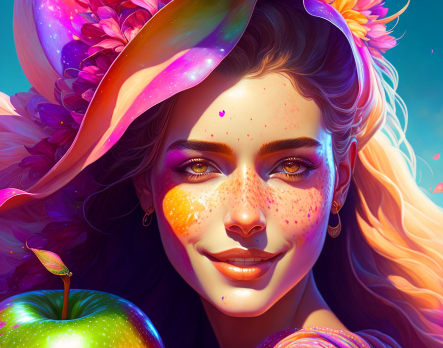 Colorful makeup woman with flower hair and glowing apple illustration