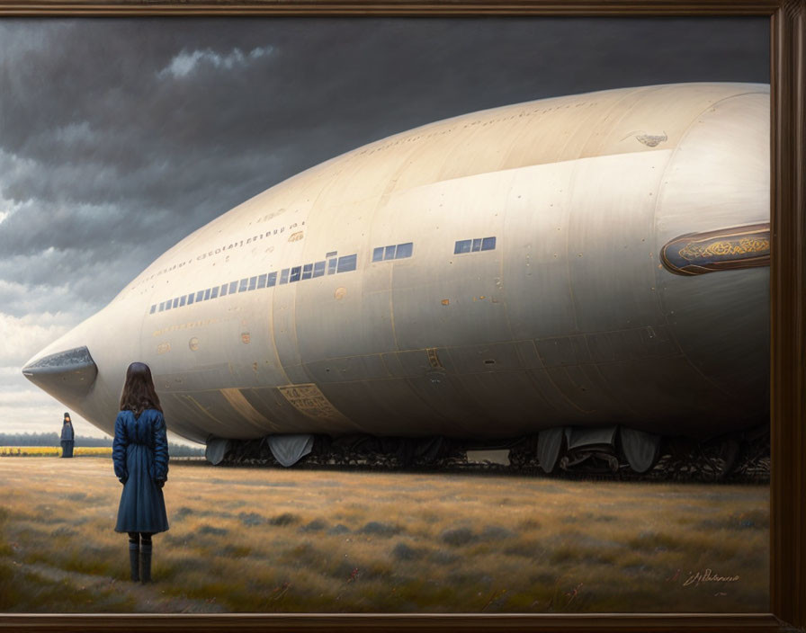 Girl in blue coat gazes at colossal airship in field under dramatic sky