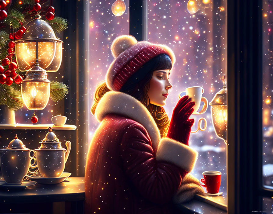 Person in winter attire with warm beverage by window in snowy scene.