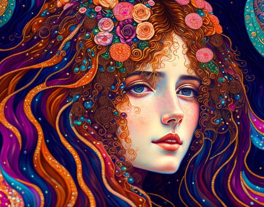 Colorful digital artwork: Woman with auburn hair and floral patterns