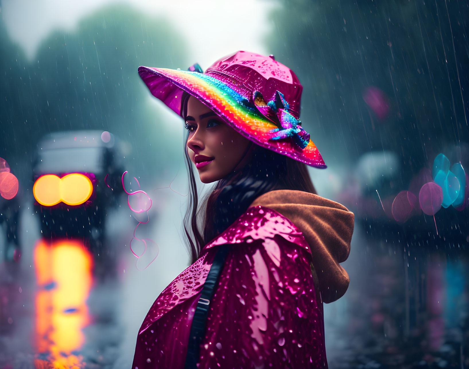 Colorful Hat Woman in Rain with Waterproof Cape and City Lights