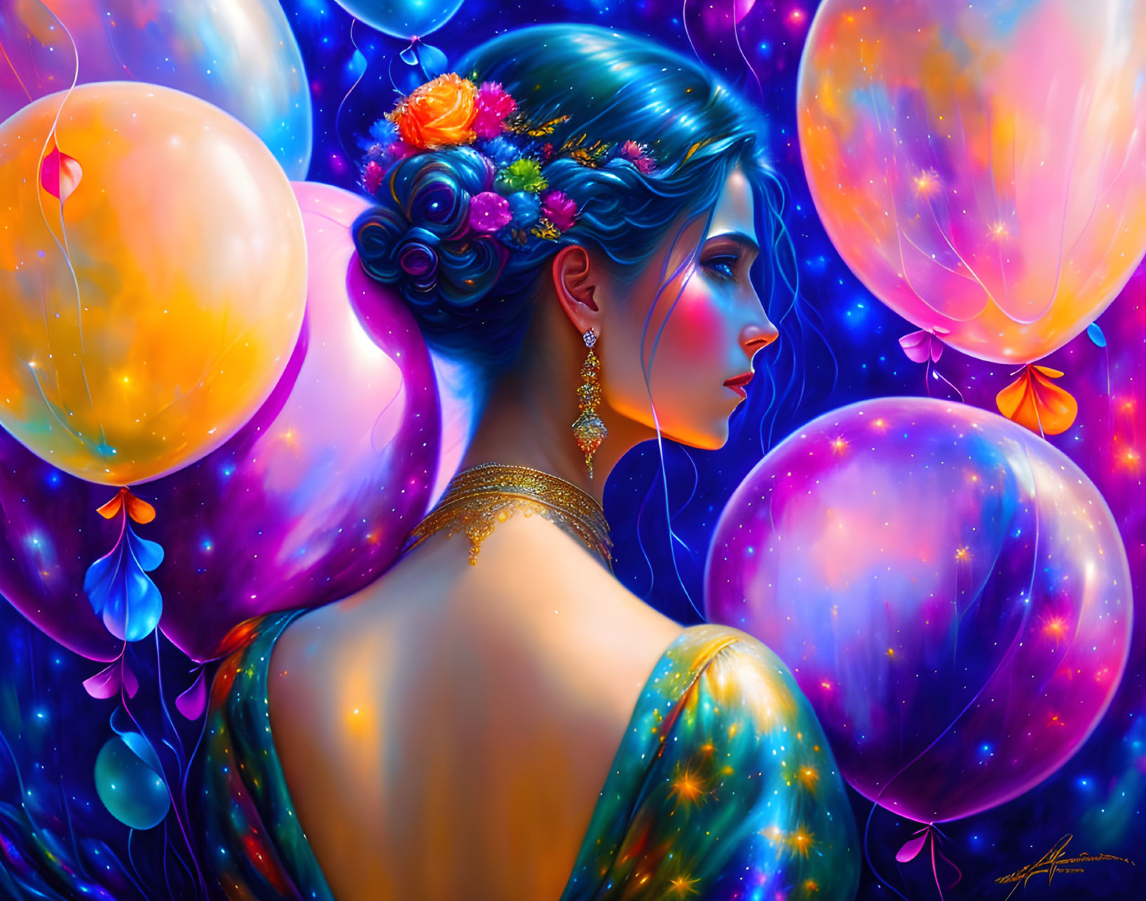 Colorful illustration: Woman with flowers, balloons, butterflies under starry sky