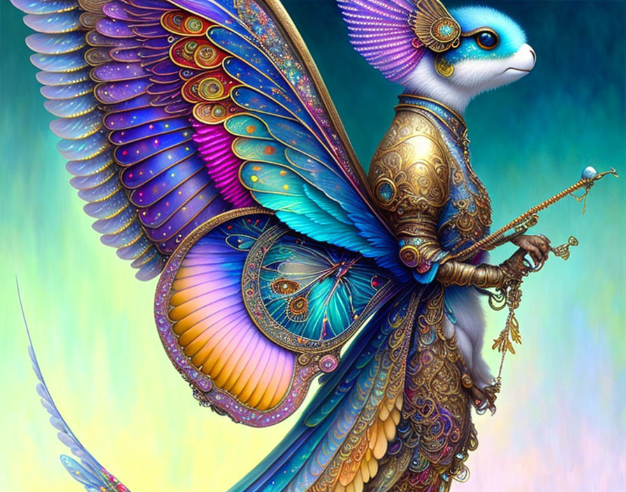 Colorful bird-like creature in ornate armor with scepter