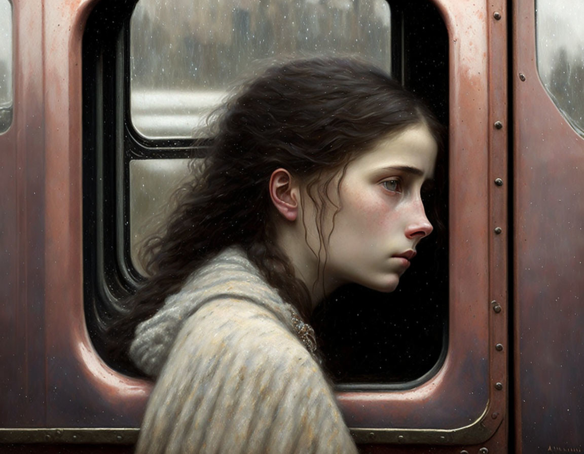 Dark-haired woman gazes out of train window on rainy day