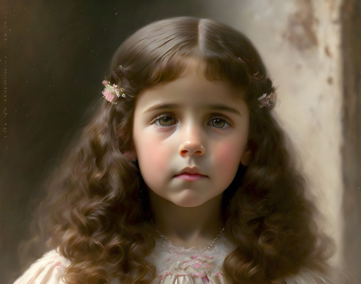 Young girl with curly brown hair and blue eyes in white dress with flowers, against dark backdrop