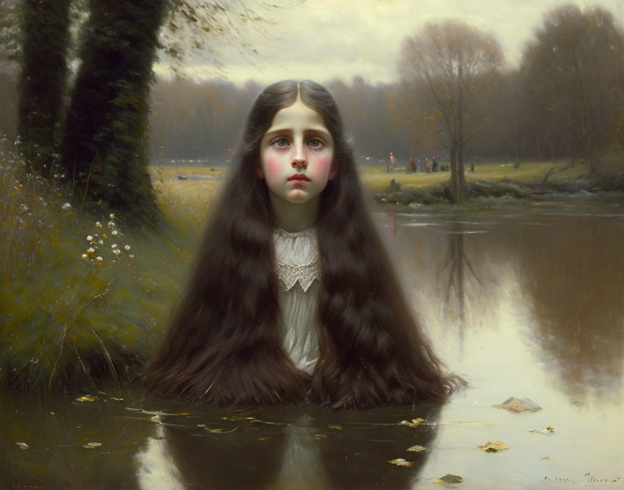 Portrait of young girl with long brown hair and white lace collar in tranquil water reflection.