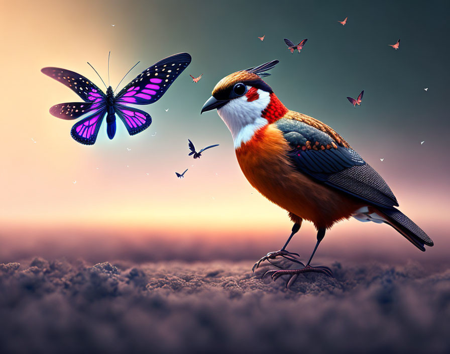 Colorful Bird with Butterfly in Soft-Hued Sky