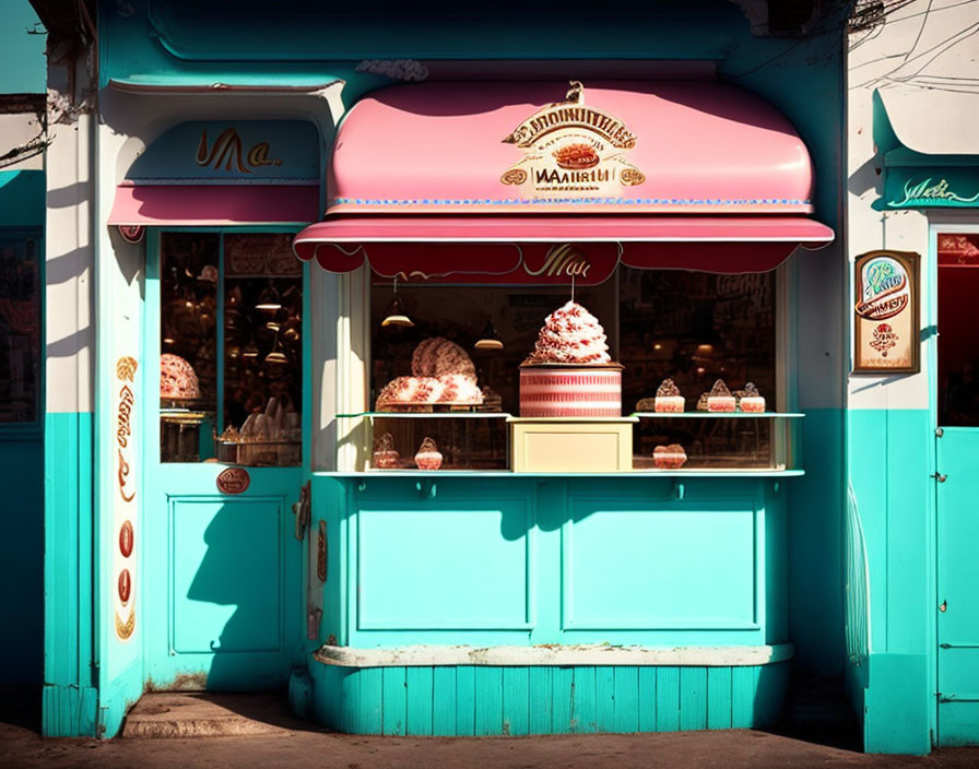 Charming vintage-style ice cream shop with pink and blue facade and striped awning.