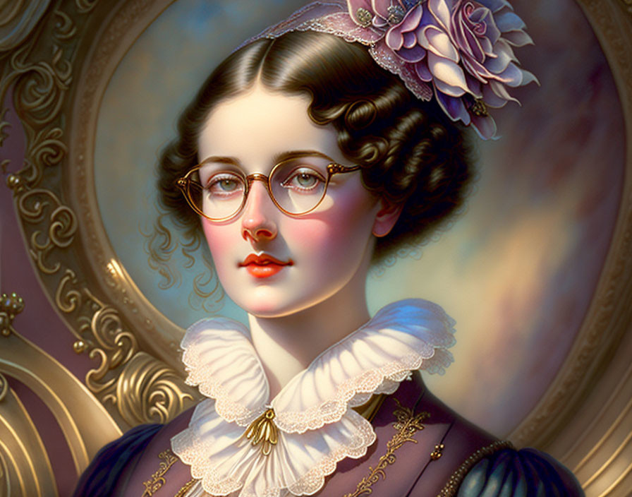 Vintage Portrait of Woman with Glasses, Curly Hair, Flower Hat, Ruffled Collar, Purple