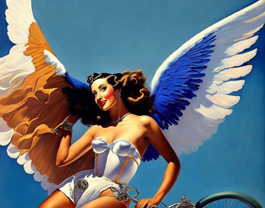 Stylized image: Woman with white wings, vintage swimsuit, tiara, bicycle.