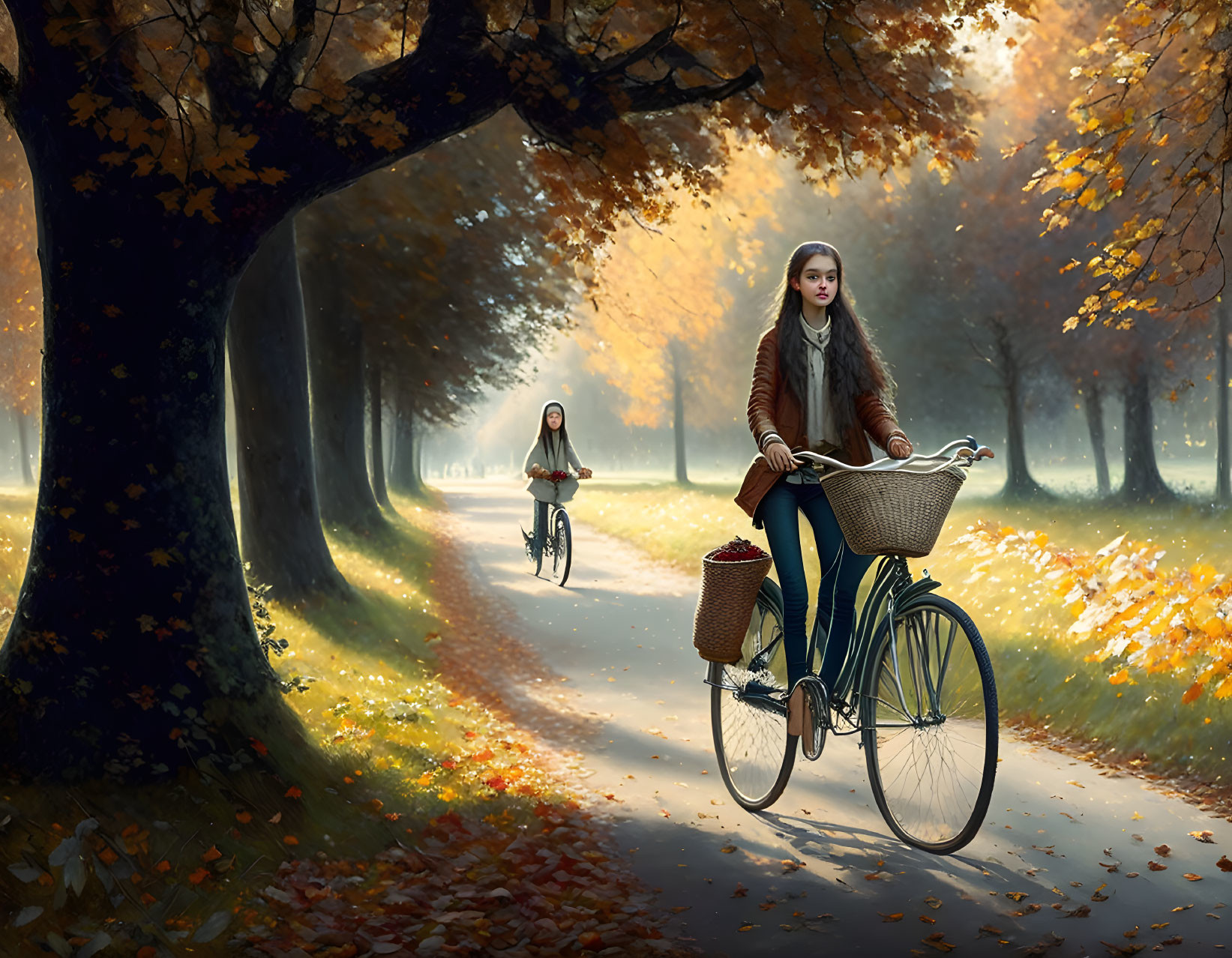 Autumn cycling scene with two people on tree-lined path.