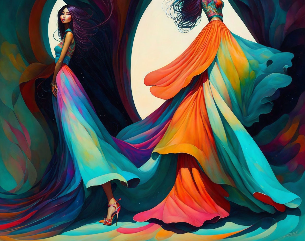 Colorful Artwork: Two Women in Flowing Dresses with Swirling Patterns