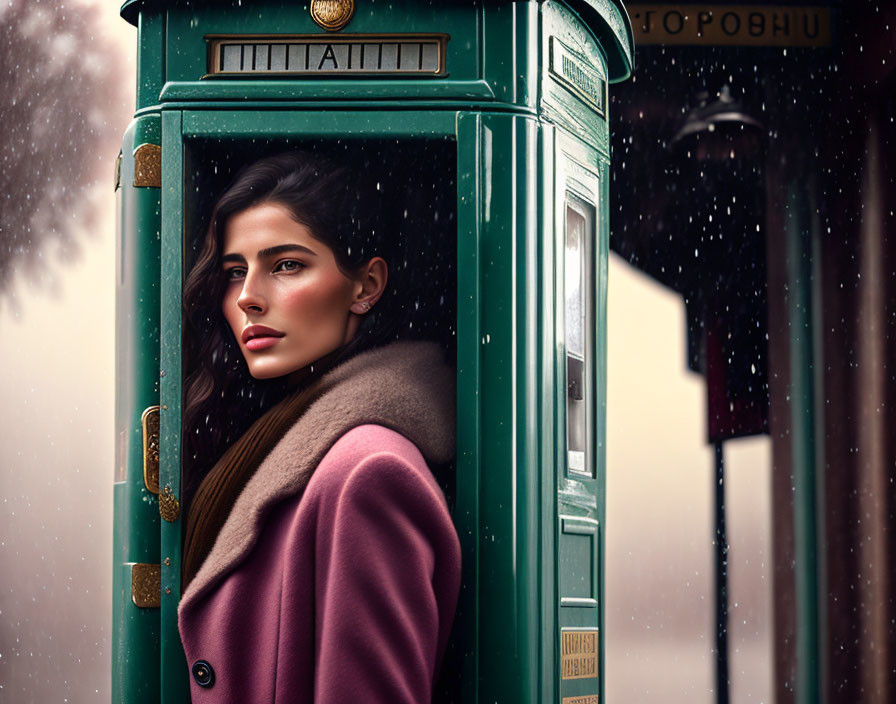 Woman in Pink Coat by Vintage Green Postal Box in Snowfall