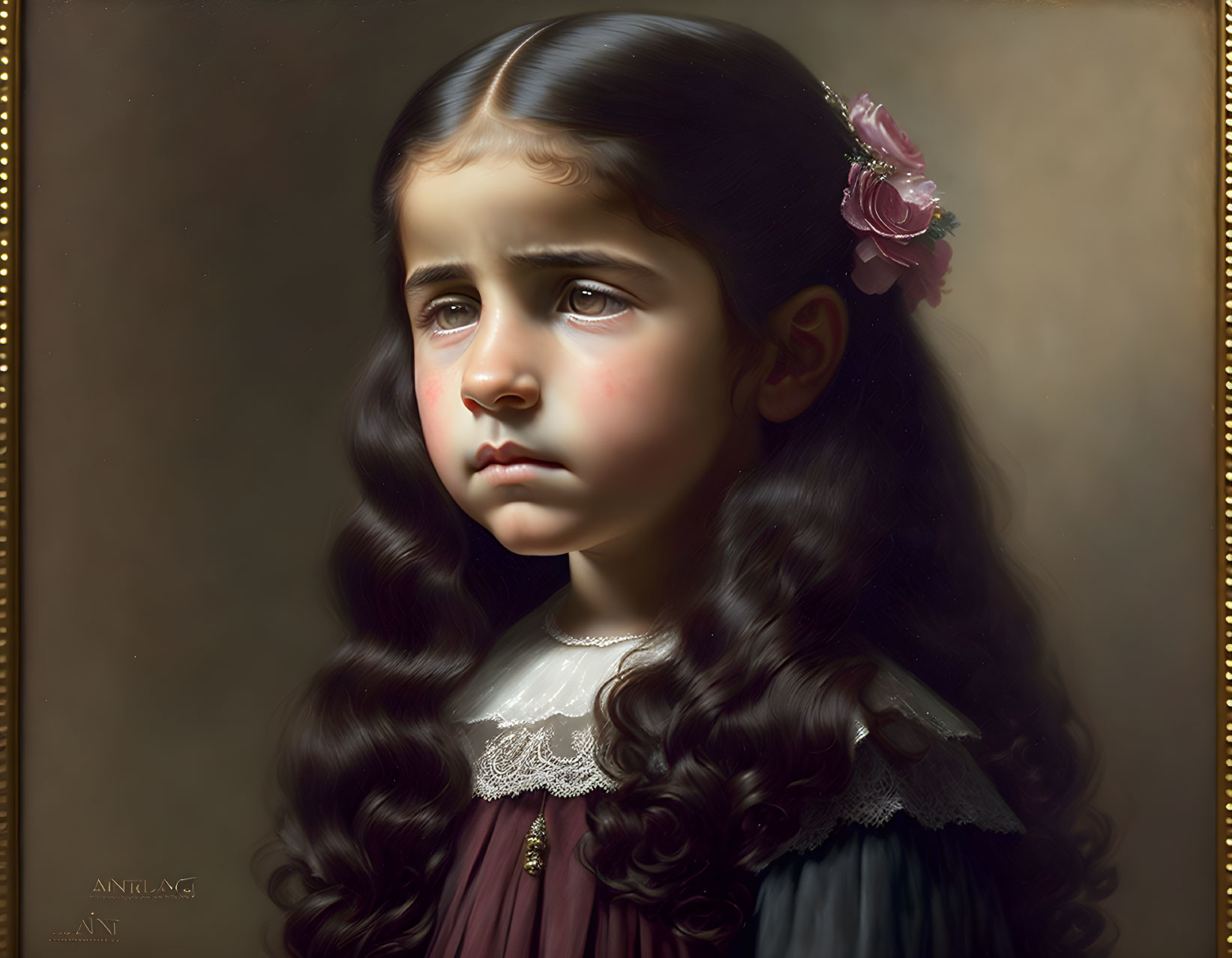 Young girl digital painting: sad expression, long curly hair, dark dress with lace collar, pink flower