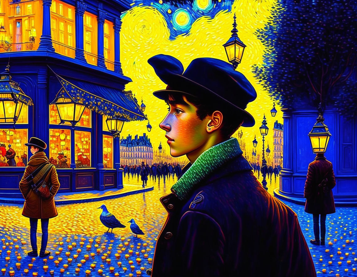 Profile person with hat against vibrant cityscape inspired by Van Gogh.