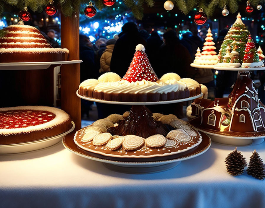 Christmas-themed desserts and gingerbread houses on a festive table with glowing lights