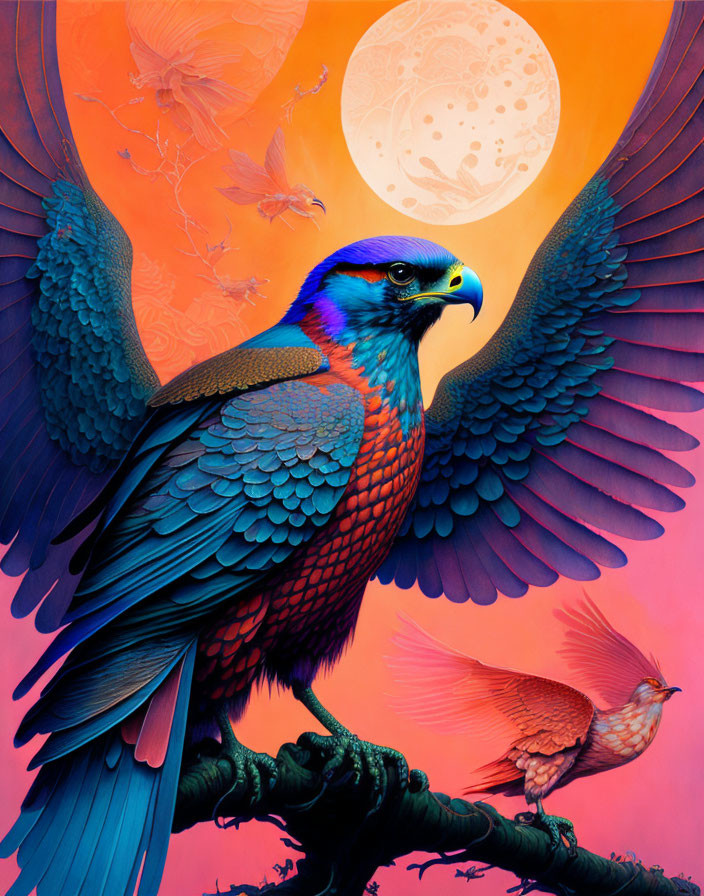 Colorful bird perched on branch with moon and butterflies in vibrant illustration