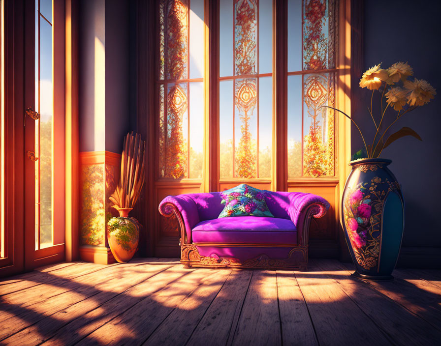 Cozy sunset room with vintage purple couch, ornate vase, and bright flowers by window