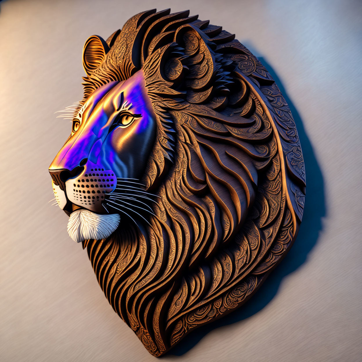 Detailed mane on ornate lion sculpture under colorful light